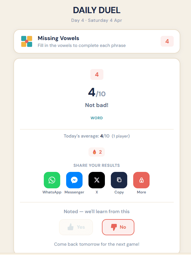 Game result — score, category, and share options