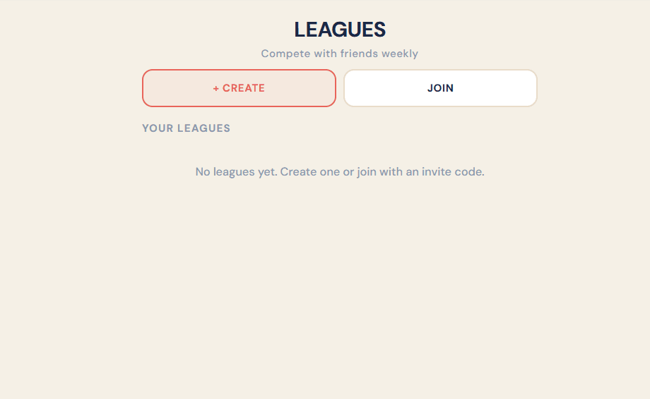 Leagues — create or join with an invite code